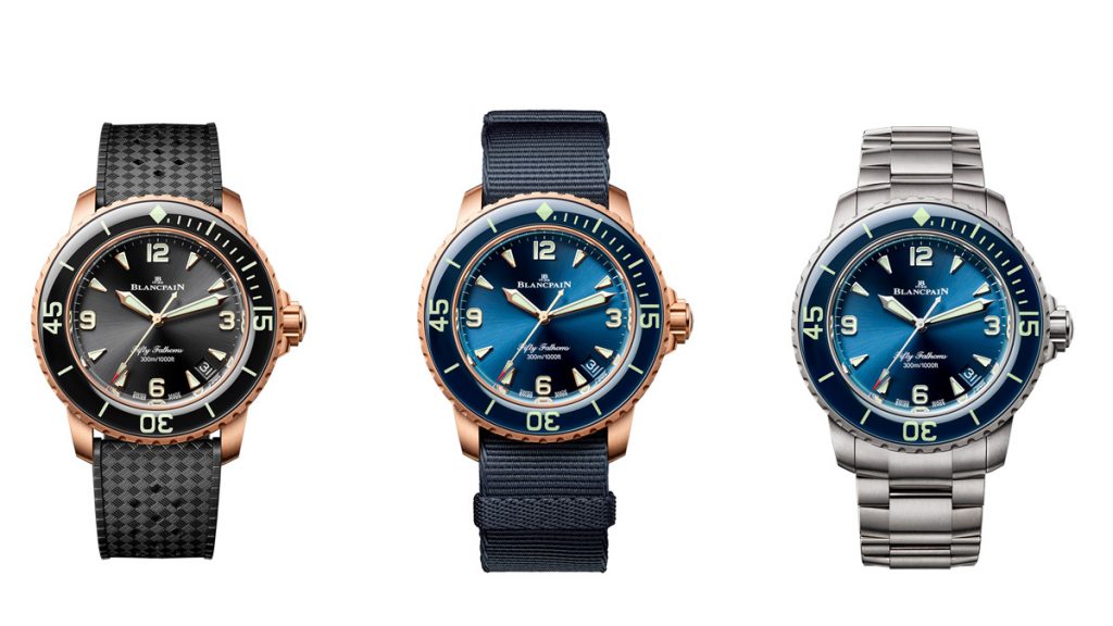 Inspirada en el Fifty Fathoms 70th Anniversary Act 1, el primer reloj de edición limitada que celebró el 70 aniversario del modelo inaugural en 2023, que además adoptó el formato de caja de 42 mm, la nueva familia de modelos Fifty Fathoms despliega un abanico de versiones no limitadas en torno al oro rojo y el titanio de grado 23 .

En el interior de estos nuevos Fifty Fathoms Automatique se encuentra el calibre 1315, que se aloja en los modelos de la nueva generación (a partir de 2007) y caracterizado por su función parada de segundero que permite una puesta en hora extremadamente precisa. Este calibre dispone de una masa oscilante de oro rojo de 18 quilates decorada y con revestimiento NAC, cuyo diseño se inspira en el rotor del histórico modelo reloj sumergible hasta 200 metros de 1953, que fue seleccionado por la marina americana y por comandante francés Cousteau.

Con esfera azul o negra, las versiones de oro rojo y titanio de grado 23 se acompañan de una amplia gama de coreas que van desde la tela de vela hasta el NATO y el caucho texturizado o “tropic”, inspirado en el modelo de 1953. El brazalete de titanio completa la gama dedicada a la caja de este material.

El Fifty Fathoms ha desempeñado un papel fundamental en el desarrollo del submarinismo y el descubrimiento del fondo de los océanos. A través de él, Blancpain ha entablado vínculos muy estrechos con la comunidad oceánica, que han ido consolidándose durante más de 70 años. El Fifty Fathoms es el catalizador del compromiso de Blancpain con la protección de los océanos, que recibe el nombre de Blancpain Ocean Commitment.
