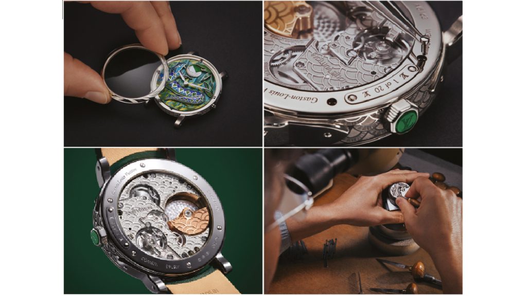 Los detalles encarnan la vanguardia en los nuevos Louis Vuitton Escale, como muestra la colección Cabinet of Wonders métiers d’art. Fiel al original, mantiene la pureza de su caja redonda, con detalles en sus asas pulidas a mano que recuerdan los soportes metálicos de los icónicos baúles la marca. Por lo que respecta a la caja, el bisel pulido presenta ahora una sutil curvatura que se acompaña de un cristal ligeramente abombado que suaviza el perfil de la caja, algo a lo que también contribuye el acabado satinado, en contraste a la carrura. Las agujas de las horas y los minutos han sido reinterpretadas y ahora exhiben la forma de una lanza, basada en las agujas Alpha tradicionales, pulidas y facetadas.