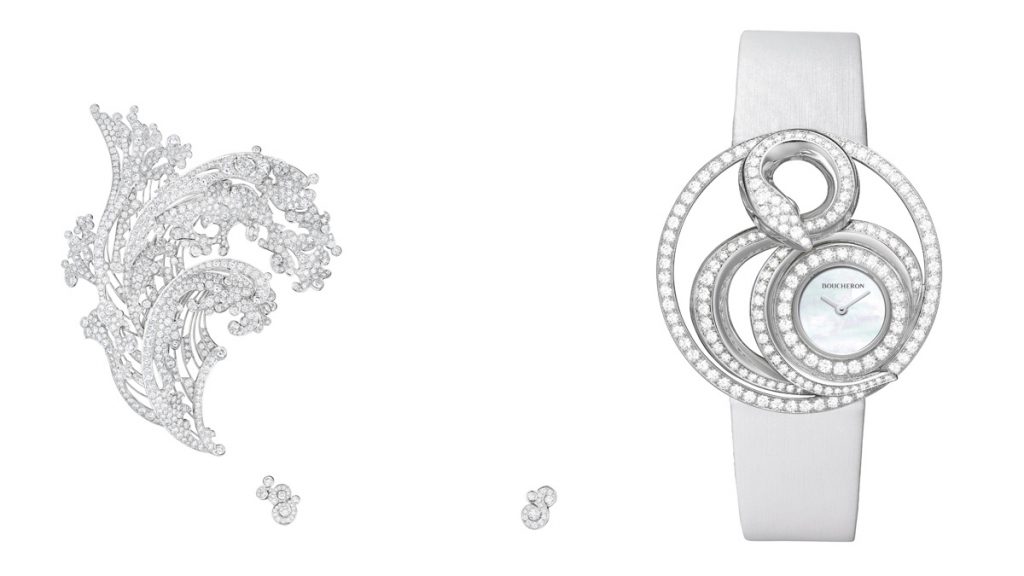 BOUCHERON LA PRIMERA MAISON DE LA PLACE VENDÔME Como broche y joya para el pelo, Vague, perteneciente a la colección de Alta Joyería Or Bleu, rinde homenaje al poder del agua mediante el diseño sacado de una tiara de los archivos de 1910, inspirada a su vez en la gran ola de Kanagawa de Hokusai. Esta pieza se apoya en el savoir-faire tradicional de la alta joyería para transmitir el sentido orgánico de la poesía del diseño original. Por su parte, la colección de relojes Ajourée crean un sutil juego de luz entre el oro delicadamente trabajado y el brillo de las piedras preciosas. Esculpidos en volumen y con gran detalle, dan vida a un paisaje relojero luminoso y onírico.