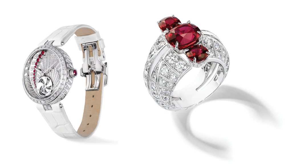 CHAUMET ESPLENDOR FRANCÉS CONVERTIDO EN JOYA Concebida como una representación que une varias disciplinas artísticas, Chaumet en Scène, la nueva colección de Alta Joyería de la Maison, presenta tres escenas repletas de una elocuente cadencia: danza, música y magia. Pertenecientes a esta última categoría, tenenemos el anillo que forma parte de las cuatro piezas del conjunto Illusion y que deslumbra con resplandecientes rubíes de Mozambique y el reloj Illusion, un toutbillon de cuerda manual de exquisita y apabullante belleza.
