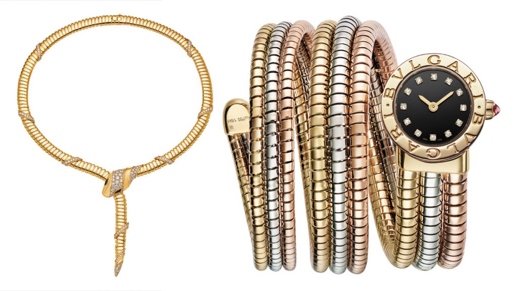 bvlgari ORFEBRE DESDE 1884, RELOJERO DESDE 1980 Inspirada en la naturaleza transformadora de la mítica serpiente, que muda su piel para abrazar el cambio y renovar su poder, la colección Serpenti es símbolo de una metamorfosis infinita desde 1948, fecha que marca, además, un momento clave en la historia de la firma romana. Con un irresistible magnetismo y un carisma atemporal, el collar Serpenti en oro amarillo ha sido elaborado con espirales Tubogas flexibles sin soldaduras y cabeza, cola y cuerpo engastados con pavé de diamantes: una fusión de artesanía superior y excelente versatilidad. Inspirada en los tubos ondulados utilizados en la era industrial, la técnica tubogas consistía en envolver tiras de oro alrededor de un núcleo para crear bandas flexibles y redondeadas sin soldar. Solo años de práctica por parte de artesanos altamente cualificados hizo posible esta joya atemporal. Por su parte, el primer reloj de la casa fue lanzado en 1980. Su nombre, Bvlgari Bvlgari; su creador, el genial Gérald Genta.